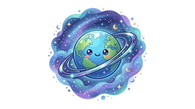 Earth with rings in a swirling blue galaxy.