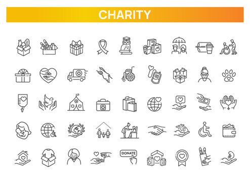 Vector thin line icons related with humanitarian causes - volunteering, adoption, donations