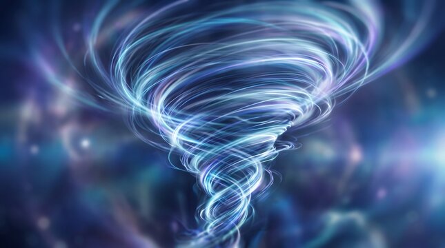 A digital art illustration of a powerful swirling blue energy vortex or ethereal tornado set against a cosmic, bokeh-filled space background with glowing light trails and abstract movement.