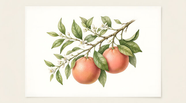 Vintage botanical watercolor illustration of a citrus branch with blooming white flowers and two ripe grapefruit fruits isolated on a plain background