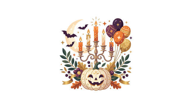 Elegant candelabra with white pumpkin and balloons.