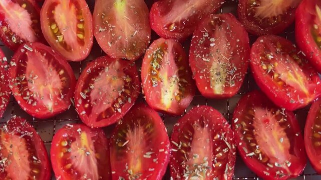 Top-down view of sliced tomatoes covered with spices and herbs, preparing sun-dried tomatoes at home.