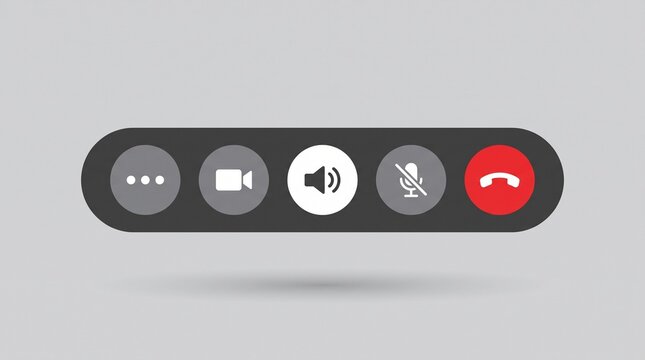 Digital communication interface control bar for video calls with various function icons on gray background