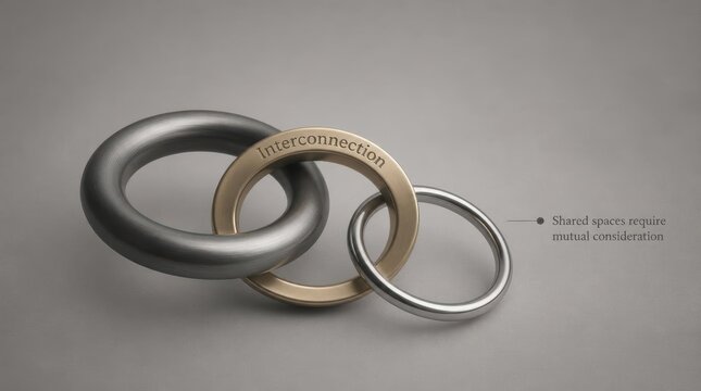 Minimalist composition featuring three intertwined metallic rings of varying finishes with engraved word Interconnection and text Shared spaces require mutual consideration on grey.