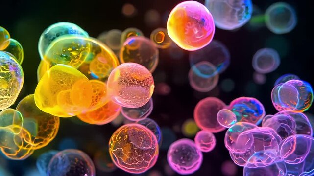 Colorful glowing soap bubbles with iridescent rainbow reflections on dark background, dreamy shimmer, magical floating orbs, festive abstract atmosphere.