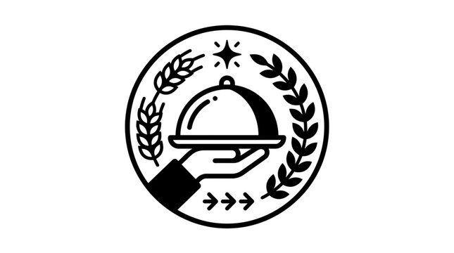 Elegant cloche server hand icon with laurel wreath.
