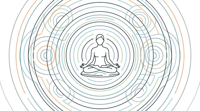 Person sits in a meditative lotus position surrounded by concentric circles representing mindfulness and inner peace.