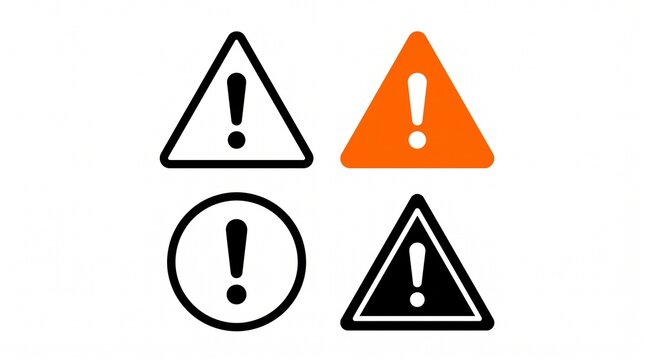 Set of four different warning exclamation mark icons isolated on a plain white background with four distinct