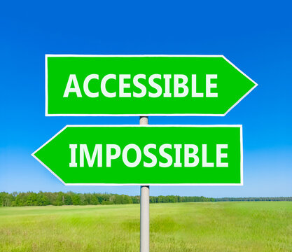 Accessible or impossible symbol. Concept words Accessible or Impossible on beautiful green road sign. Beautiful blue sky background. Business accessible or impossible concept. Copy space.
