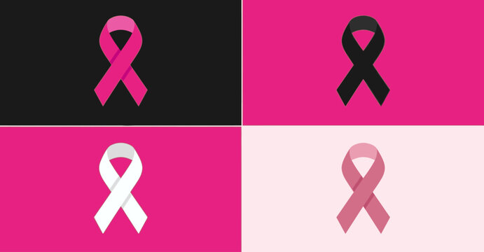 Pink breast cancer awareness ribbon set, 4 vector icons for medical charity and health campaigns, pink and black mourning ribbons
