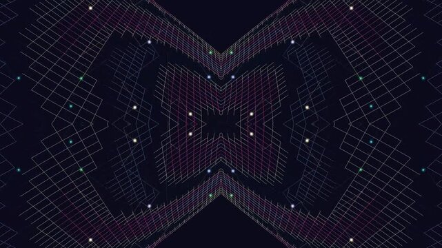 Abstract Digital Cyberpunk Grid Tunnel Background Featuring Symmetric Geometric Lines and Glowing Data Nodes in a Dark Futuristic Virtual Reality Space