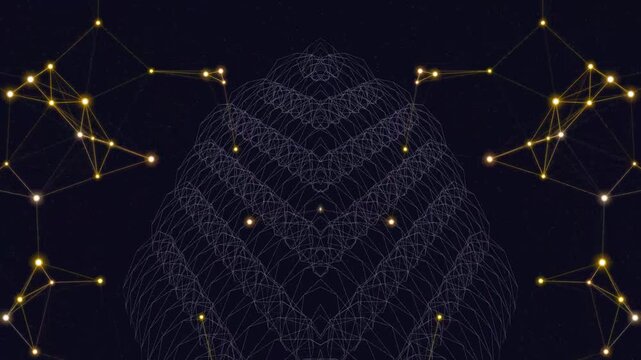 Abstract Digital Network Visualization Featuring Interconnected Golden Nodes and Complex Geometric Wireframe Structures on a Dark Background