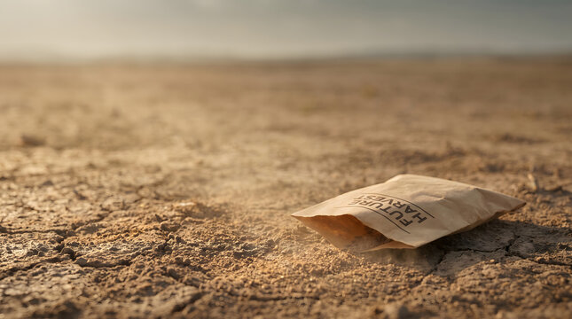 Empty seed packet beside dry soil symbolizing agricultural uncertainty and climate-related disruption