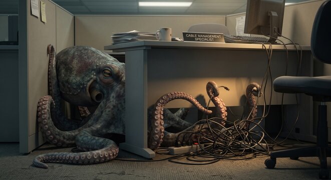 Giant mythical Kraken untangling a massive mess of power cords under a corporate desk featuring &ldquo;CABLE MANAGEMENT SPECIALIST&rdquo;