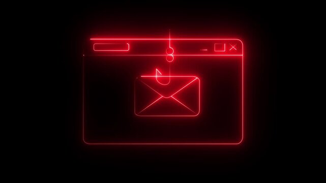 Neon Email Phishing Scam Icon Isolated on Black Background. Fishing hook stealing envelope from browser window.Concept of email phishing on a transparent background. 4k video