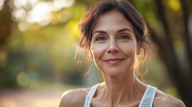 Close-up of confident middle-aged woman after morning exercise outdoors, natural skin, subtle signs of aging, healthy longevity and active lifestyle, genuine joyful expression, rea