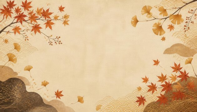 Autumn Foliage Artistry: Delicate branches adorned with vibrant red maple leaves and golden ginkgo leaves frame a serene background, evoking the tranquil beauty of fall.