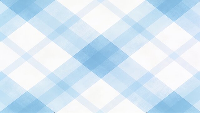Light blue and white gingham seamless pattern, also known as Vichy check, featuring an evenly arranged checkerboard design created by overlapping horizontal and vertical bands for textile, fabric, and