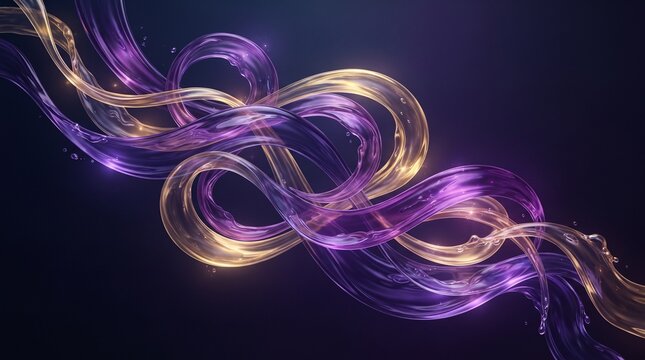 Abstract background featuring elegant flowing ribbons of purple and gold light creating a dynamic infinity loop swirl pattern with sparkling particles on a dark background