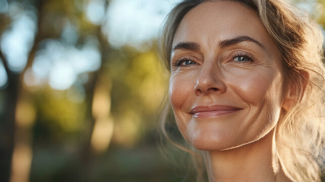 Close-up of confident middle-aged woman after morning exercise outdoors, natural skin, subtle signs of aging, healthy longevity and active lifestyle, genuine joyful expression, rea