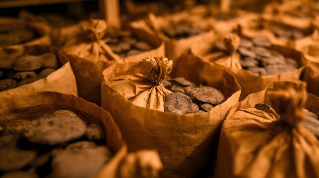 Rows of brown paper bags filled with dark round mushrooms under warm ambient lighting  showing practical growing details in a clean believable scene