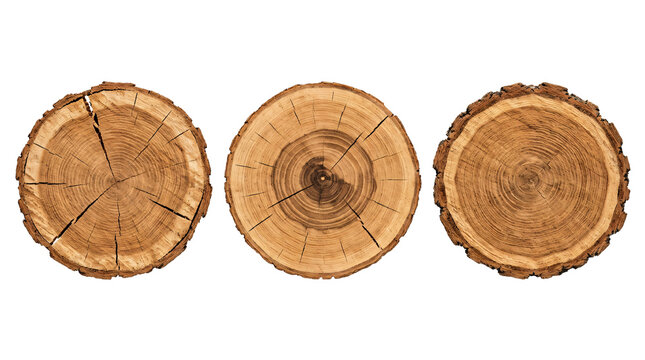 Three natural round wooden tree trunk cross section slices featuring detailed rings and rough bark isolated on transparent background