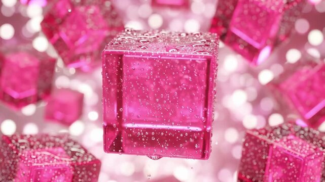 Abstract Background Featuring Shiny Pink Glass Cubes Covered In Dew Drops With Soft Bokeh Light