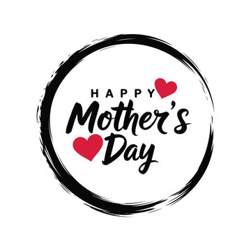 Happy Mother's Day text and red hearts framed inside a rough, textured black brush stroke circle.