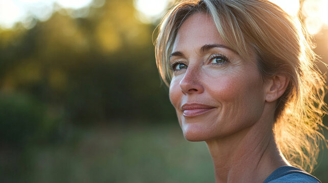 Close-up of confident middle-aged woman after morning exercise outdoors, natural skin, subtle signs of aging, healthy longevity and active lifestyle, genuine joyful expression, rea