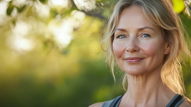 Close-up of confident middle-aged woman after morning exercise outdoors, natural skin, subtle signs of aging, healthy longevity and active lifestyle, genuine joyful expression, rea