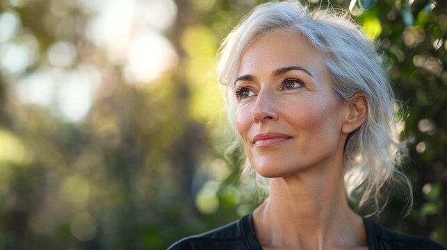 Close-up of confident middle-aged woman after morning exercise outdoors, natural skin, subtle signs of aging, healthy longevity and active lifestyle, genuine joyful expression, rea