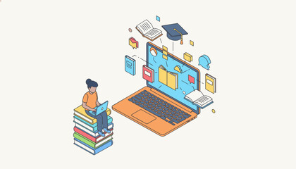 Fototapeta premium Focused student sits on a stack of books while studying with a laptop surrounded by floating educational icons in this isometric e-learning illustration.