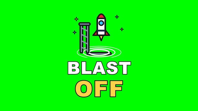 4K green screen BLAST OFF animated text - the rocket clearing the tower on a rolling plume, kinetic typography space and mission overlay for science content and social media, chroma key