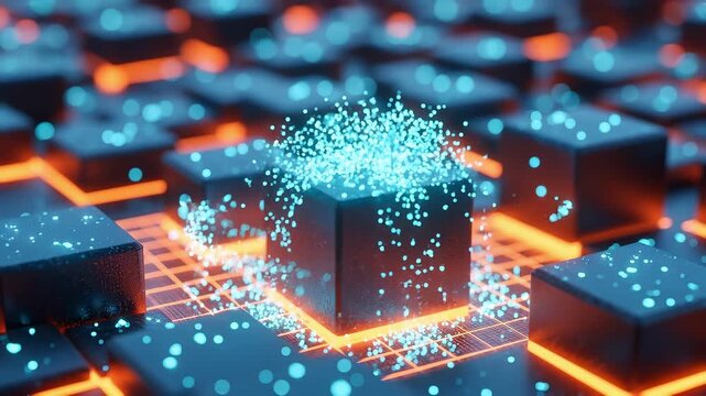 Abstract Digital Background Featuring Glowing Blue Particles Emanating from Dark Geometric Cubes on Orange Grid