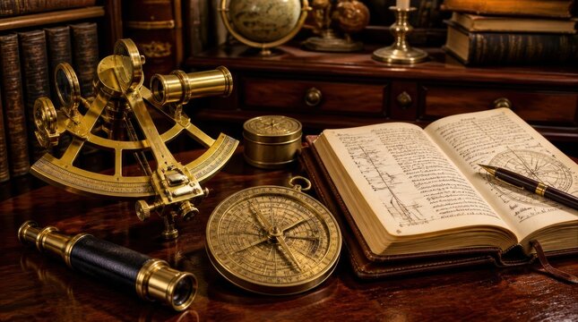 Collection of antique brass navigation tools including a sextant, telescope, and astrolabe on a wooden desk beside an open journal with sketches and old library books.