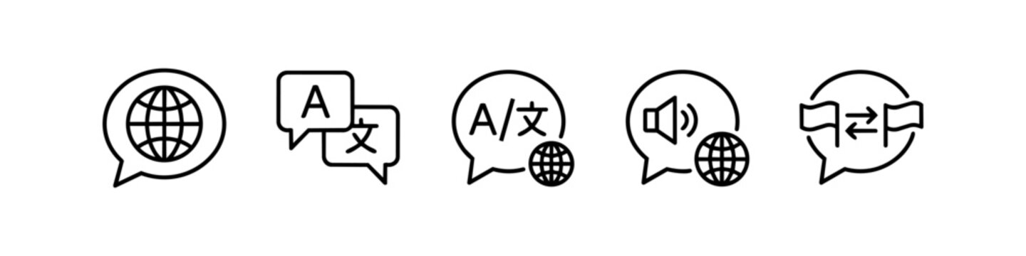 Set of language translation and global communication outline icons, featuring speech bubbles with globes, characters, speaker, and flags for international interaction.