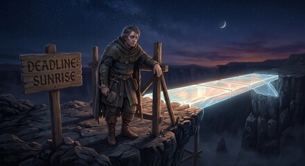 Fototapeta premium Exhausted medieval architect building a glowing crystal bridge across an abyss before sunrise featuring “DEADLINE: SUNRISE” under a starry sky
