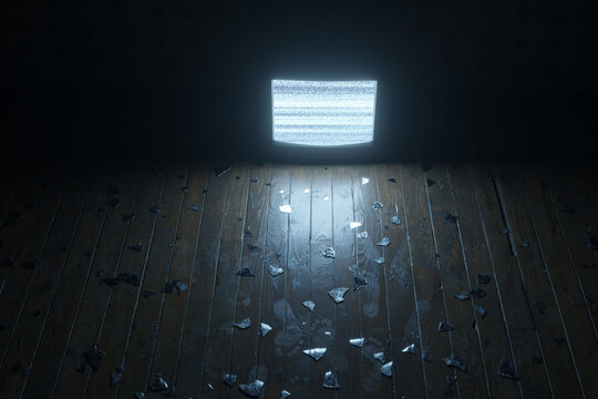 3d Rendering of an hardwood floor with glass shards and footprints illuminated by the television at night