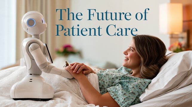 Medical banner with &ldquo;The Future of Patient Care&rdquo; headline at the top and a caregiving robot assisting a bedridden patient below.