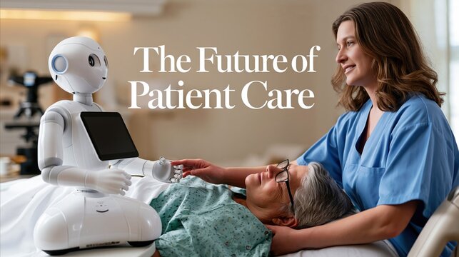 Medical banner with &ldquo;The Future of Patient Care&rdquo; headline at the top and a caregiving robot assisting a bedridden patient below.