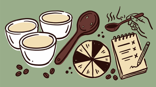 Hand draw doodle Professional coffee cupping vector illustration, specialty coffee tasting set with ceramic bowls and wooden spoon, hand drawn coffee evaluation icons for cafe branding and