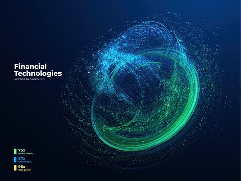 Financial technologies vector background with abstract digital particle swirl, data analytics concept with glowing blue and green light trails and futuristic information visualization elements