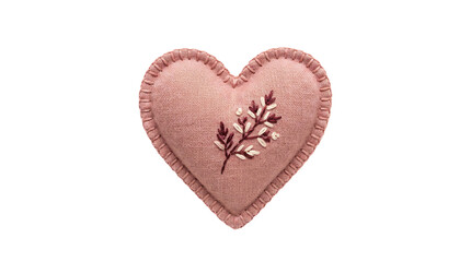Fototapeta premium Handmade pink fabric heart cushion featuring intricate botanical embroidery stitching details designed for romantic gifts isolated on transparent background