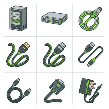 Set of computer hardware and network connection cable icons in a flat design style.