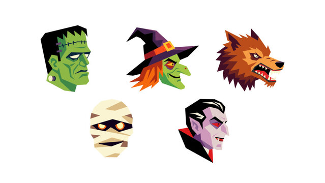 halloween monsters head illustration collection