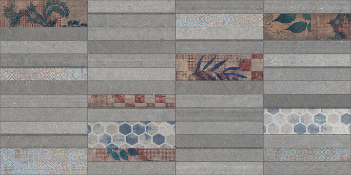 Rustic ceramic wall tiles with floral and geometric patterns, grey stone texture background, decorative bathroom and kitchen tiling