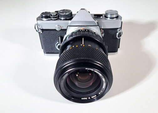 A vintage 35mm film SLR camera
