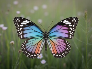 Obraz premium Detailed symmetrical macro of a butterfly with vibrant iridescent rainbow wings showing blue, purple, and orange gradients, black borders with white spots, over a soft green meadow background.