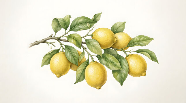 Botanical illustration of a fresh lemon branch with yellow citrus fruits and green leaves on white background
