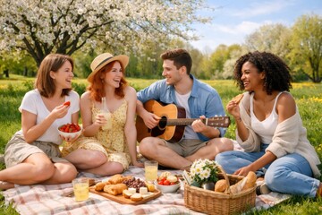 Fototapeta premium Four diverse young friends lounging on a picnic blanket in a sunny park, laughing, sharing food and drinks, playing guitar and enjoying carefree springtime togetherness